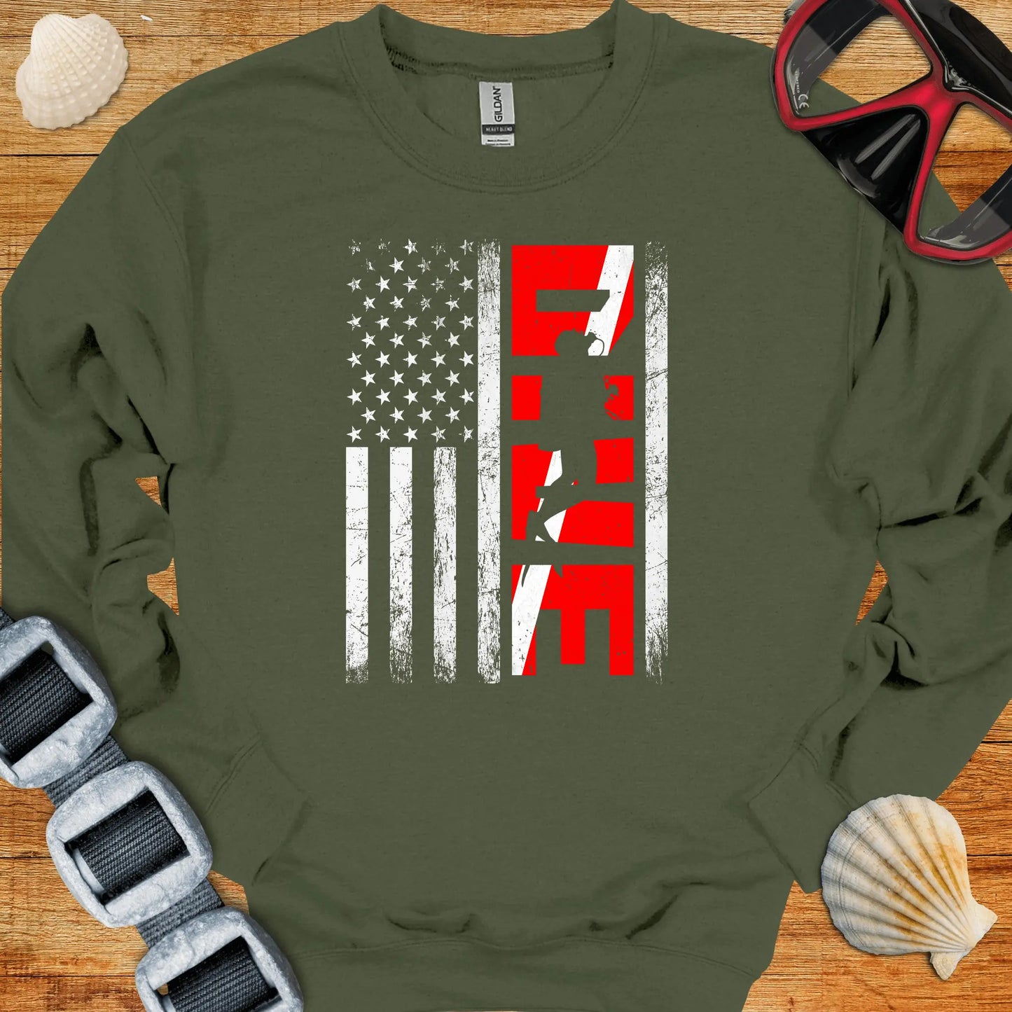crewneck S / Military Green Diver USA Flag Crewneck