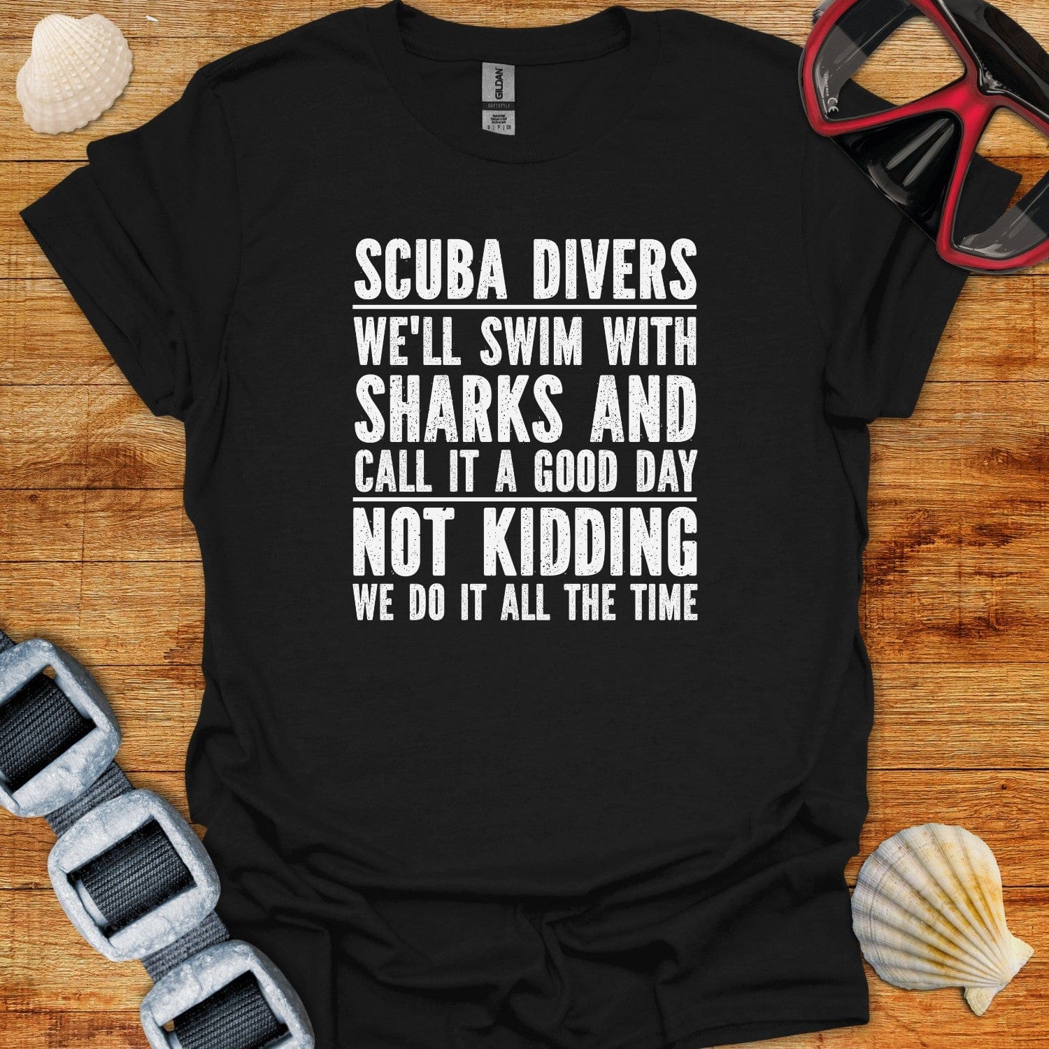 T-Shirt Black / XS Scuba Divers Swim With Sharks