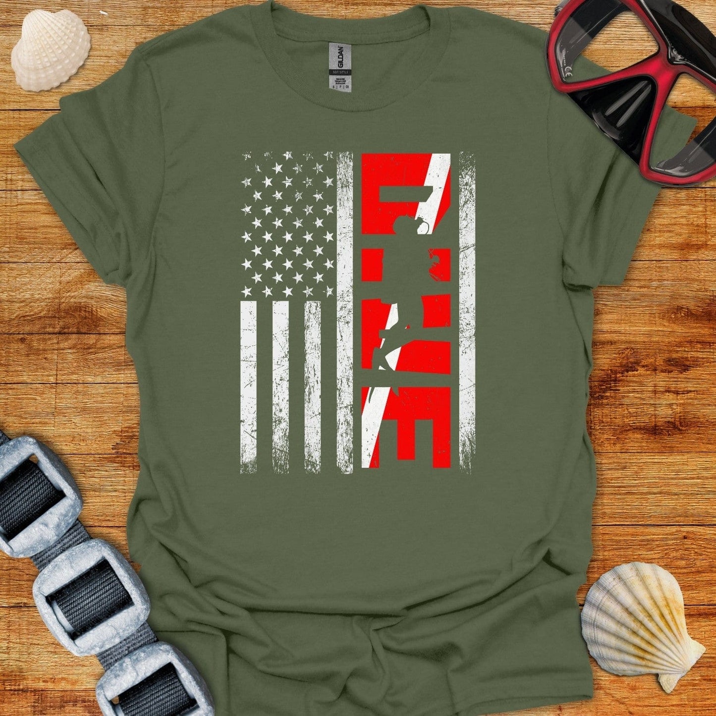 T-Shirt Military Green / S DIver USA Flag