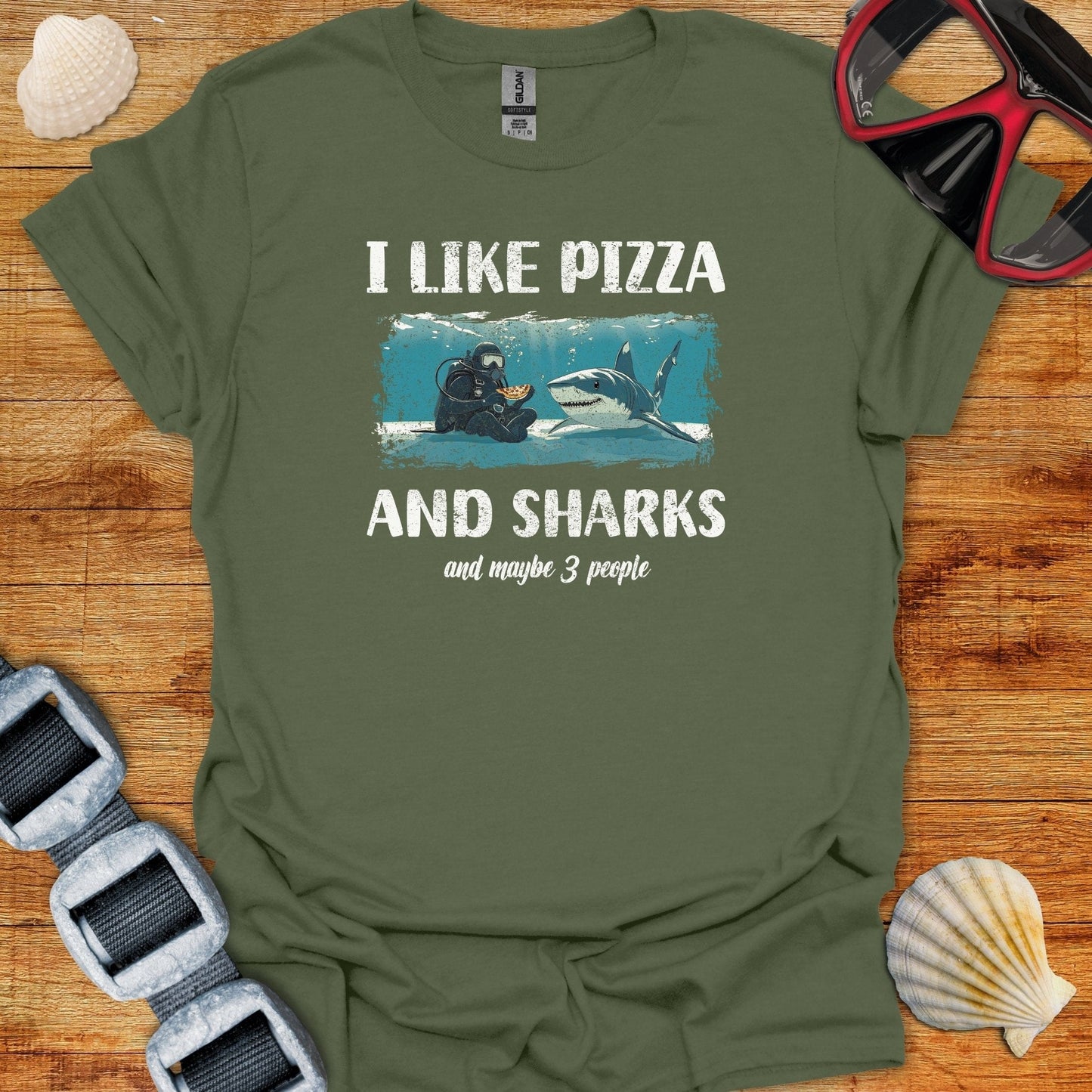 T-Shirt Military Green / S I Like Pizza & Sharks T-Shirt